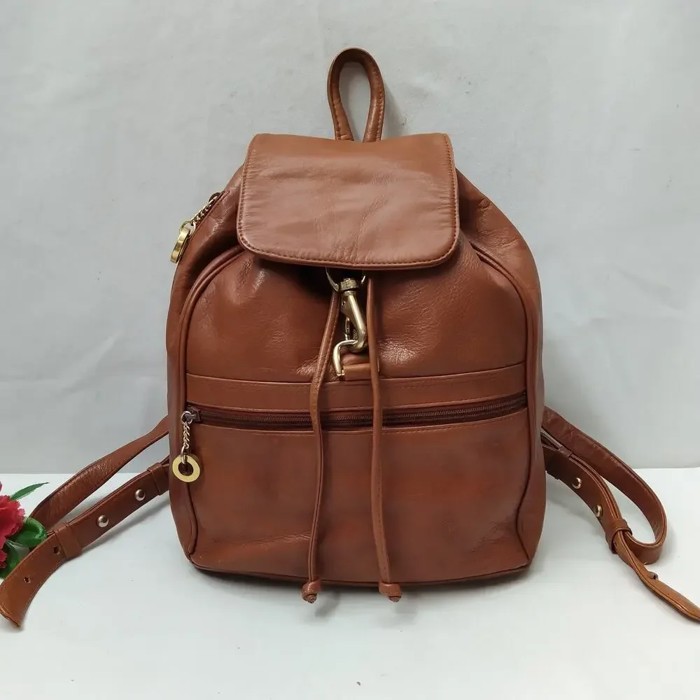 Perlina Brown Leather Zipper Pockets Flap Top Handle Drawstring Backpack